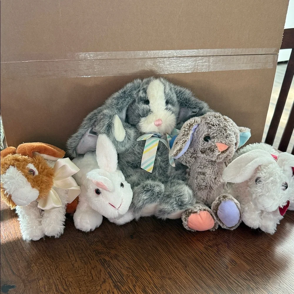 5 stuffed animal bunnies
